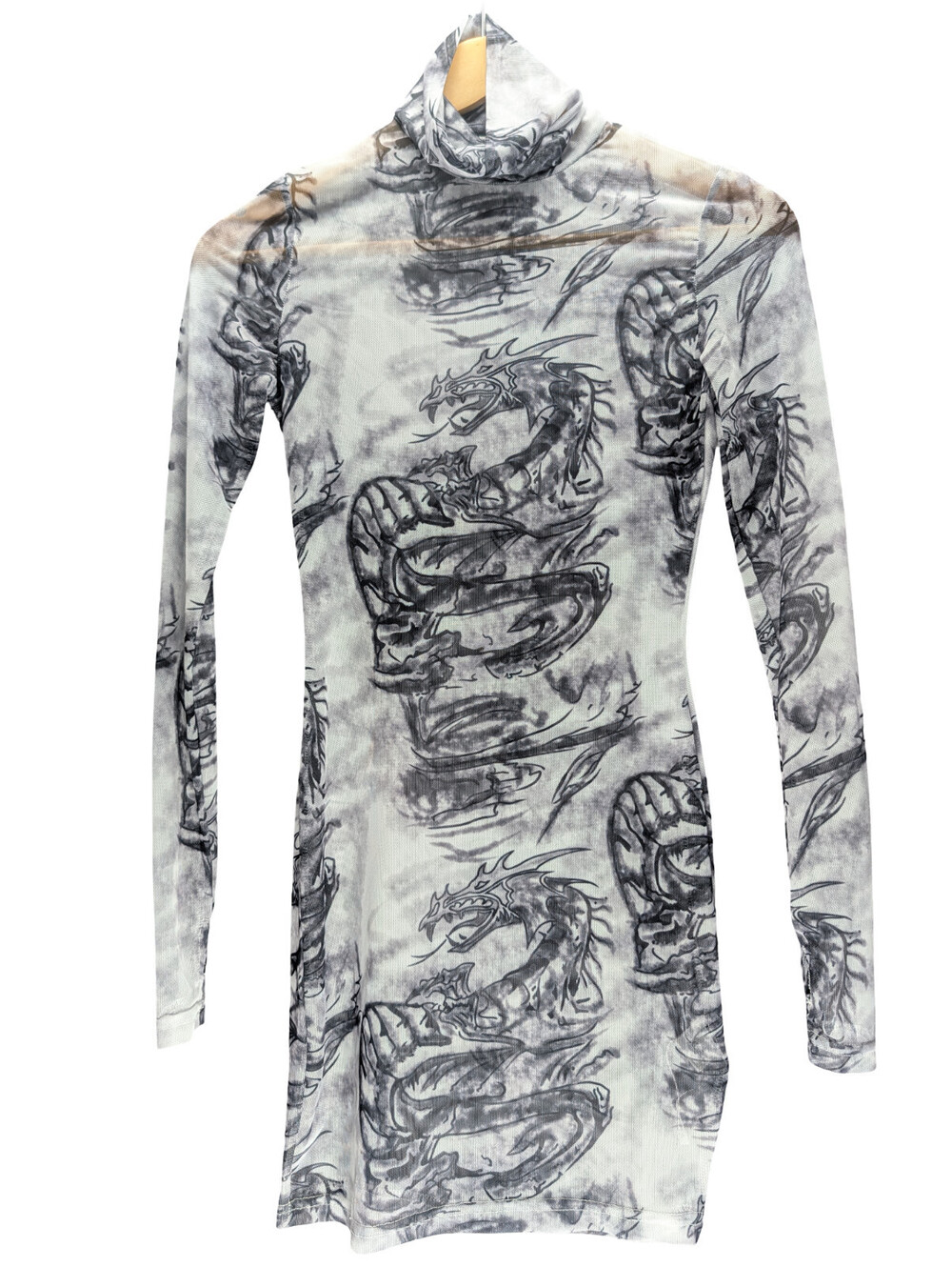 Sheer Dress Women Small S Mesh Turtleneck Dragon Print Gray